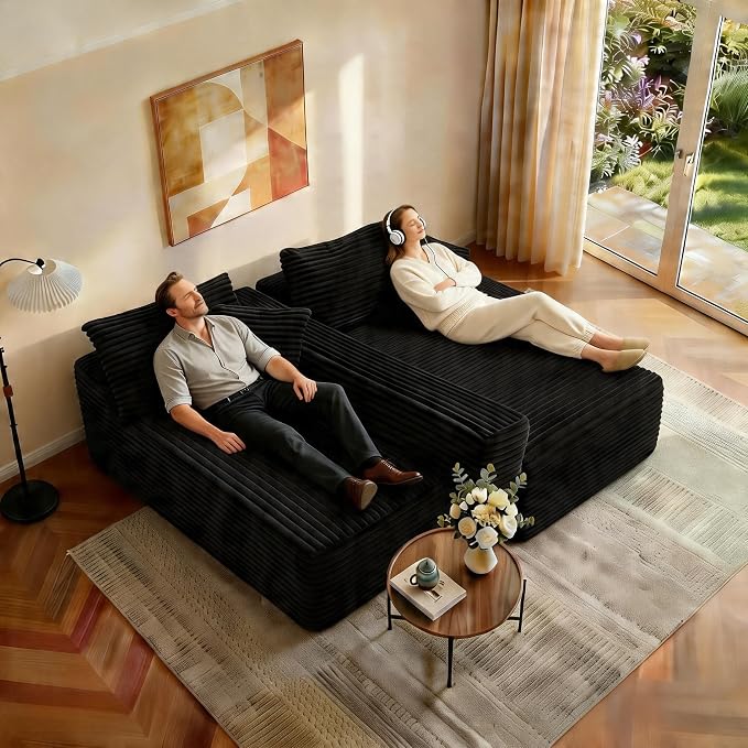 JINGLING 94" L Shape Couch with Right Chaise, Memory Foam Boneless Sectional Sofa in a Box, No Assembly Modular Small Couches for Small Spaces, Living Room, Apartments, Plush Corduroy, Black