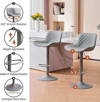 YOUTASTE All Grey Bar Stools Set of 2, Upholstered Counter Height Bar Stool, Adjustable Swivel Faux Leather Barstools, with Padded Back, Metal Base, Kitchen Chairs for Home Island