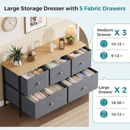 OLIXIS 5 Drawer Dresser for Bedroom, Storage Organizer Unit for Closet | Chest of Drawers for Clothes Storage with Bins, Wide Fabric Bedroom Dresser, Wooden Top, Living Room, Gray Blue
