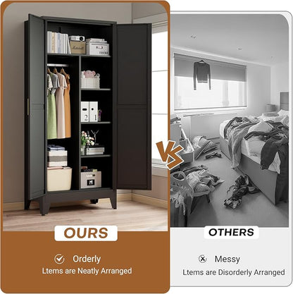 71" Steel Combination Wardrobe Closet, Metal Storage Wardrobe Cabinet with 2 Doors, Hanging Rod & Shelves, Black Metal Armoire Wardrobes Clothing Coat Cabinet for Bedroom, Office, School