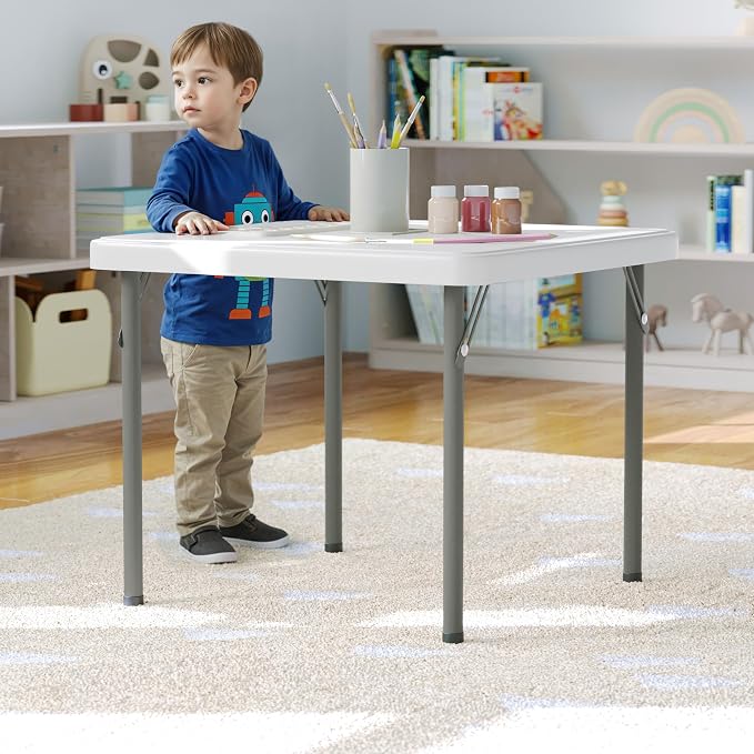 Flash Furniture Paige 24x24 Kids Folding Table with Locking Legs, Commercial Grade Table Recommended for Ages 2-4 in Granite White