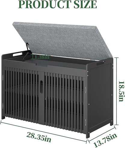 APRTAT Bamboo Shoe Storage Bench with Padded Cushion, 3-Tier Shoe Rack Organizer with 2 Ventilated Grille Doors for Entryway, Bedroom, Bathroom (Black, Large)