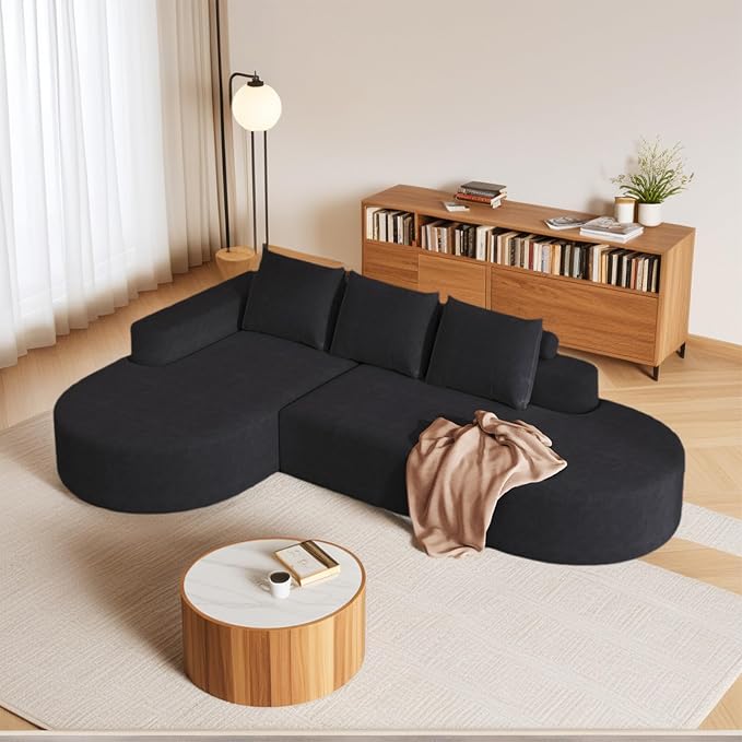 109" Modern Modular Curved L-Shaped Sofa, Chenille Upholstered Sectional Boneless Couch Set with 3 Pillows,Free Combination Sofa for Living Room (Black, 108.5" Right Lounge)