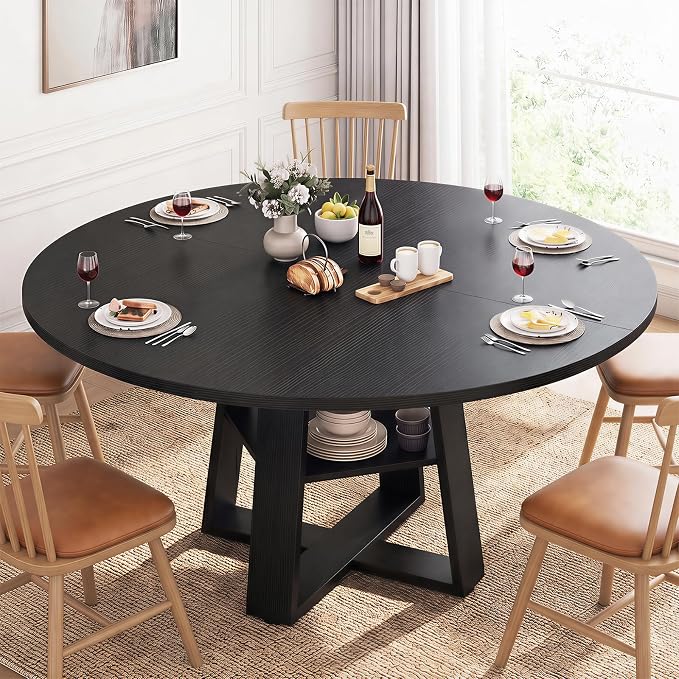 DUMOS Extendable Round Dining Table for 4-6, Modern Kitchen Oval Dinner Table with Storage Shelf, Wood Pedestal Base, Space Saving Modern Style, Black