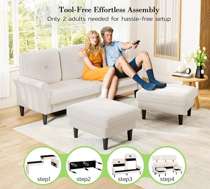 Small Sectional Couch, 83" U Shaped Couch, Comfy Velvet Couches for Living Room, Tool-Free Setup Modular Sectional Sofa, 850lbs Load Sofas for Living Room with 2 Movable Ottomans, White Couch