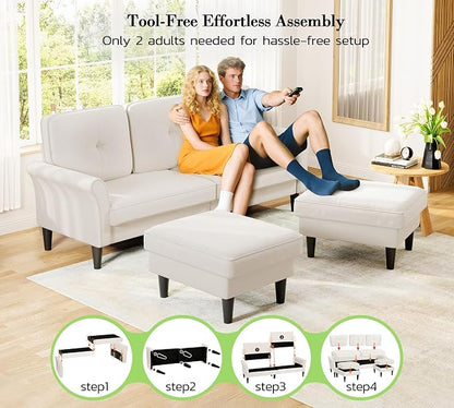 Small Sectional Couch, 83" U Shaped Couch, Comfy Velvet Couches for Living Room, Tool-Free Setup Modular Sectional Sofa, 850lbs Load Sofas for Living Room with 2 Movable Ottomans, White Couch