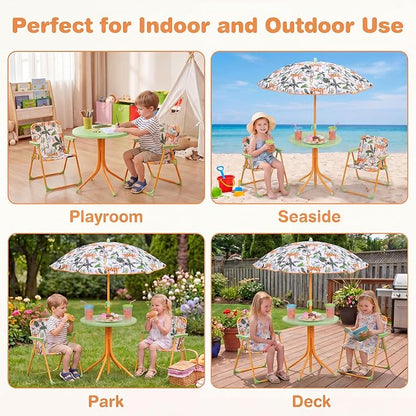 HONEY JOY Kids Picnic Table, Animal Themed Toddler Outdoor Table and Chair Set, 2 Folding Chairs & Removable Umbrella, Children Outdoor Furniture for Backyard Patio Garden (Green Tiger)
