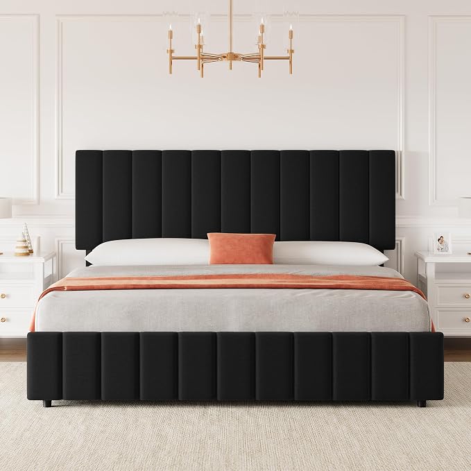 IDEALHOUSE Full Upholstered Bed Frame with 4 Storage Drawers, Adjustable Headboard and Wooden Slats Support, No Box Spring Needed, Black