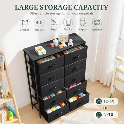 10-Drawer Dresser for Bedroom, Anti-Tip Tall Storage Organizer Chest of Drawers with Wooden Top and Metal Frame Fabric Bins for Closet, Living Room, Hallway, Entryway, Black