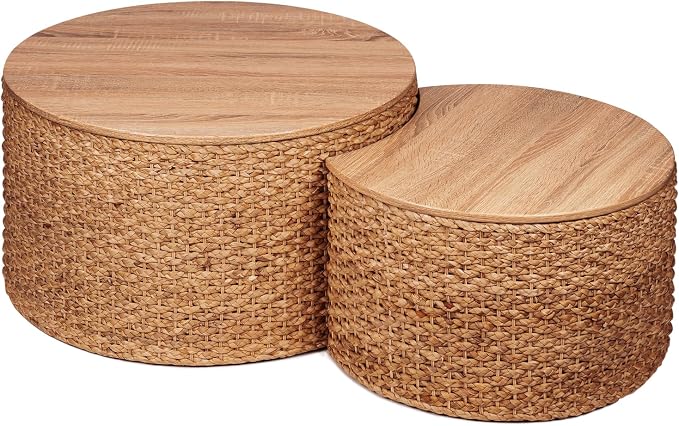 Round Nesting Coffee Table Set of 2 with Storage - Handwoven Wicker Rattan Ottoman Style, Boho Coastal Coffee Tables for Living Room, Rattan Coffee Table with Cover & Soild Wood Frame