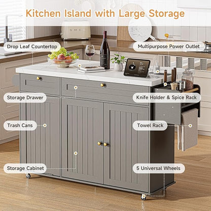 ONBRILL 60" Kitchen Island with Power Outlet & Drop Leaf, Rolling Island with Spice Rack & Towel Rack, Kitchen Island Cart with Trash Storage Cabinet, Island Table for Kitchen, Grey+Imitation Marble