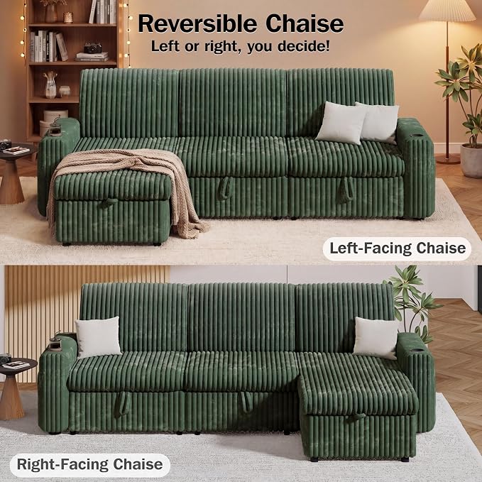 Vipbear 101" Sectional Sleeper Sofa with Pull Out Bed,5-Level Adjustable Backrest,3 Seat Modular Couch with Storage,Tool Free Assembly,USB & Cup Holders, Corduroy Sofa for Living Room, Green