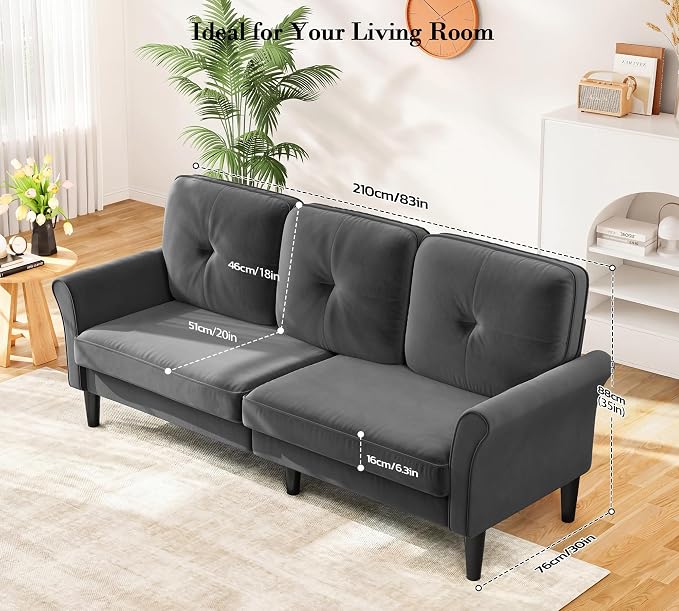 Loveseat Sofa, 83" Love Seat Couches, Comfy Velvet Small Couch for Bedroom, Tool-Free Setup Small Couches for Living Room, Modern Sofas for Living Room, 750lbs Load Sofas & Couches, Grey Couch