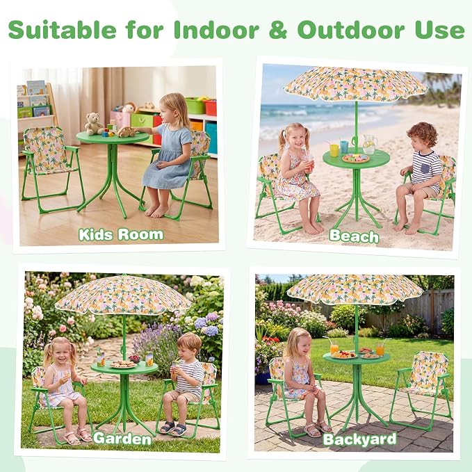 Costzon Kids Picnic Table, Kids Outdoor Table with 2 Folding Chairs, Height Adjustable Umbrella, Portable Children Outdoor Furniture for Patio, Garden, Backyard (Green Forest)