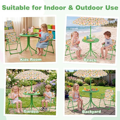 Costzon Kids Picnic Table, Kids Outdoor Table with 2 Folding Chairs, Height Adjustable Umbrella, Portable Children Outdoor Furniture for Patio, Garden, Backyard (Green Forest)