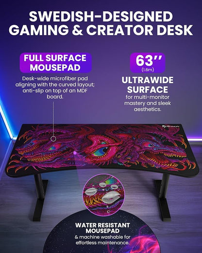 Arozzi Arena Special Edition Ultrawide Curved Gaming and Office Desk with Full Surface Water Resistant Desk Mat Custom Monitor Mount Cable Management Cut Outs - Crawling Chaos