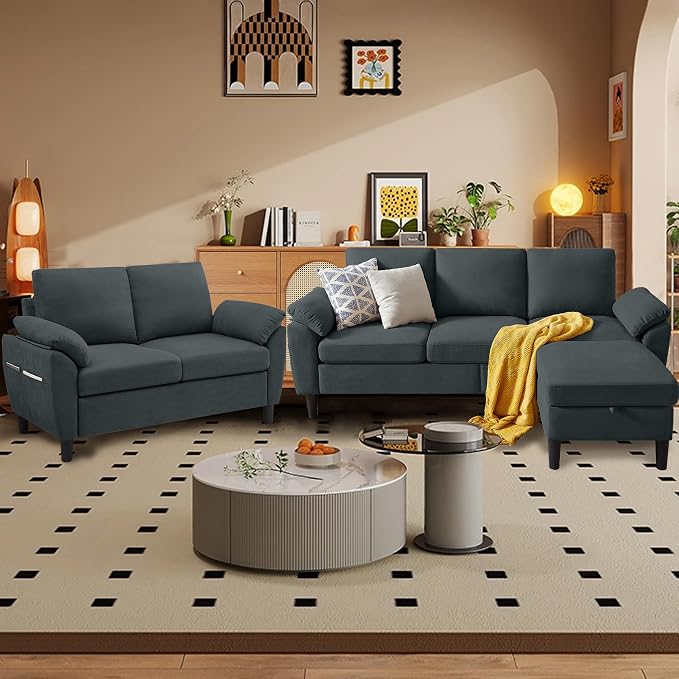 80" Convertible Sectional Sofa Set, Modern Linen Small L Shaped Couch with Reversible Chaise and Loveseat Sofa, 3-Seat Sofa Couches for Living Room, Office, Apartment, Dark Grey