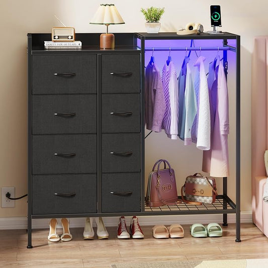 HIGDBFE Dresser with Hanging Rack, 8-Drawer Dresser for Bedroom with Charging Station & LED Lights, Fabric Dressers with Shoe Rack, Chest of Drawers with Wooden Top for Bedroom, Black, 11.8" D