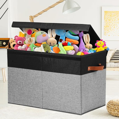 Gowee Large Toy Storage Box with Lid, Sturdy Toys Storage Chest Bin Organizer Basket with Dividers for Kids, Boys, Girls, Nursery, Closet, Bedroom, Playroom 25"x13" x16" (Black and Grey)
