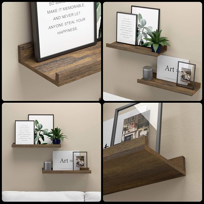 Boswillon Floating Shelves for Wall, Wall Mounted Shelves Set of 2, Rustic Shelves with Lip, Display Picture Ledge Shelf for Wall Decor Living Room Bathroom Kitchen - Brown