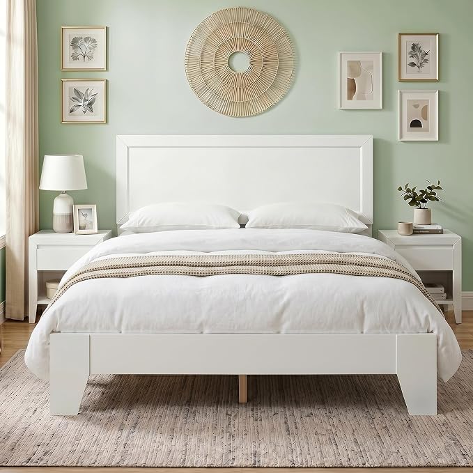 KOMFOTT Full Size Bed Frame, Modern Platform Bed with Headboard, Wooden Slat Support Mattress Foundation, Under-Bed Storage Space, No Box Spring Needed (White,Full)