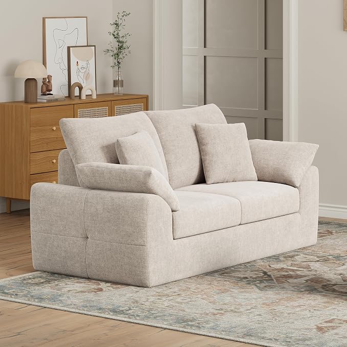 75.6" Boneless Loveseat Sofa, Polyester Fabric 2-Seater Couch with 4 Pillows, No Assembly Required, Soft High Density Foam Cushion, Rectangular Track Arm Sofa for Living Room Bedroom Apartment (Camel)