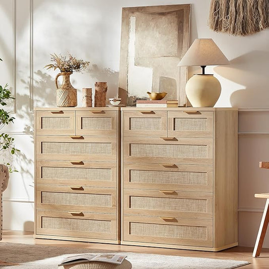 LEYAOYAO Rattan Dresser for Bedroom Set of 2, 41" Tall Chest of Drawers, Modern 6 Drawers Boho Dressers with Storage, Light Oak Dresser Wooden Closet Organizer for Living Room, Hallway, Natural Wood
