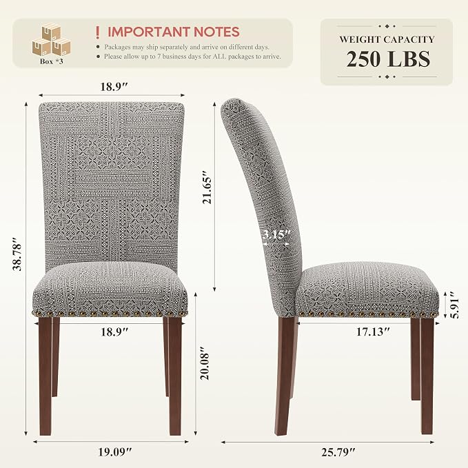 COLAMY Upholstered Parsons Dining Chairs Set of 6, Fabric Dining Room Kitchen Side Chair with Nailhead Trim and Wood Legs - Boho