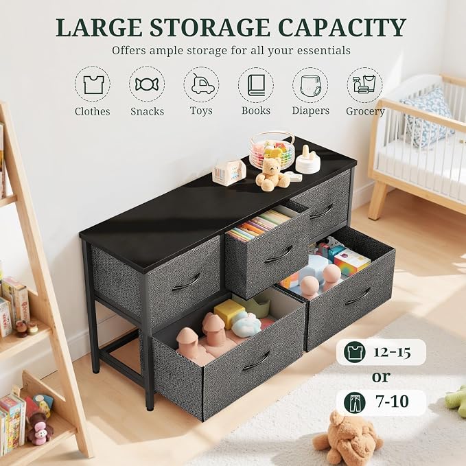 5-Drawer Dresser for Bedroom, Anti-Tip Wide Storage Organizer Fabric Chest of Drawers TV Stand for 45" TV with Wooden Top and Metal Frame for Closet, Living Room, Hallway, Entryway, Gray
