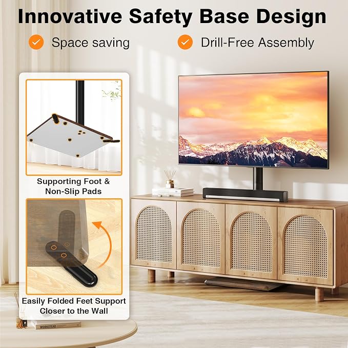 TVON Universal Floor TV Stand with Mount for Most 32-65 Inch TVs up to 88lbs, Height Adjustable TV Floor Stand with Wood Base for Space Saving (Rustic Brown, Wooden Base)