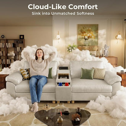 SITJOY Large Cloud Couch, 118" Wide 3 Seater L Shape, Faux Leather in White | Pet-Friendly Scratch-Resistant Leather Sectional Sofas for Living Room, Deep Seat Wide Couch with Chaise, Storage Ottoman