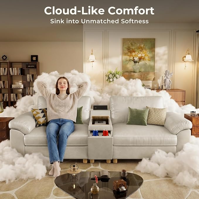 SITJOY Large Cloud Couch, 149" Wide 4 Seater U Shape, Faux Leather in White | Pet-Friendly Scratch-Resistant Leather Sectional Sofas for Living Room, Deep Seat Wide Couch with Chaise, Storage Ottoman
