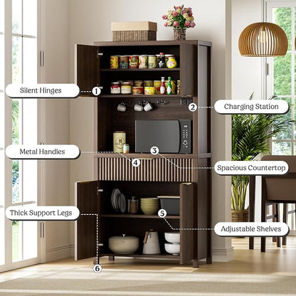 Lulive 71" Fluted Pantry Cabinet with Charging Station, Brown | Adjustable Shelves, Open Countertop, Drawer, Spacious Kitchen Storage