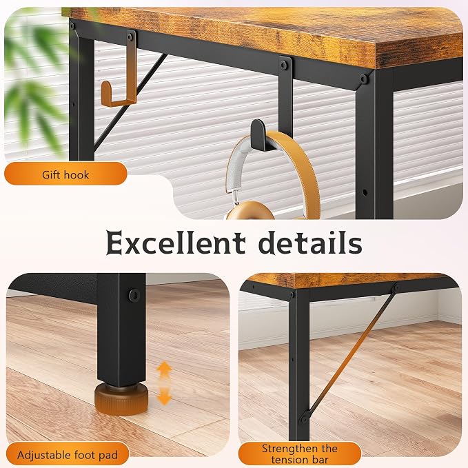 48.1''Gaming Computer Desk with A Reversible Printer Shelf, Built-in Power Outlets & LED Lights, Desk with Drawer and Headphone Hook for Gaming,Craft Working and Studying in Bedroom, Dorm,Rustic Brown