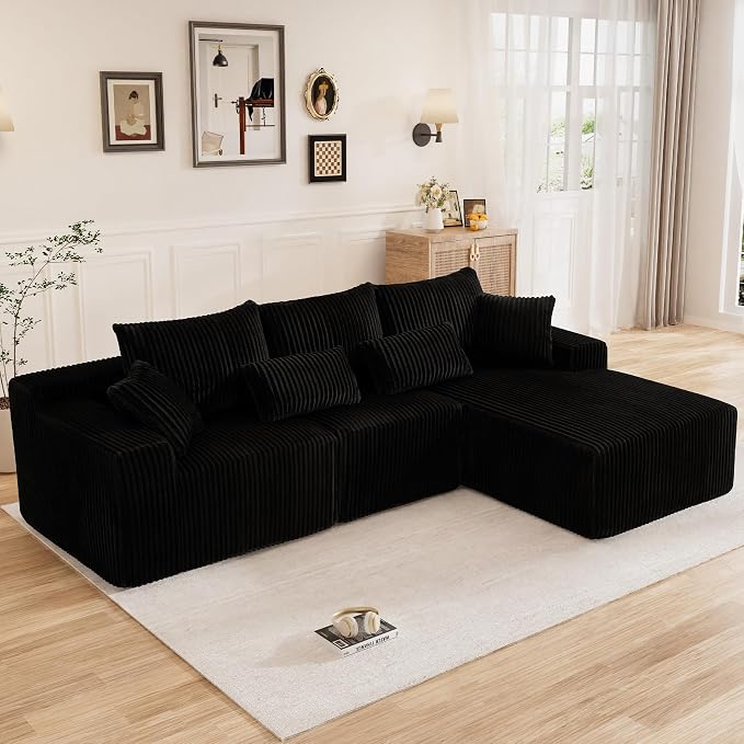 110" L Shaped Cloud Boneless Sectional Couches for Living Room, Modern Comfy Modular Deep Seat Memory Foam Compressed Corduroy Sofa Oversized Right Facing Chaise, No Assembly Required, Balck