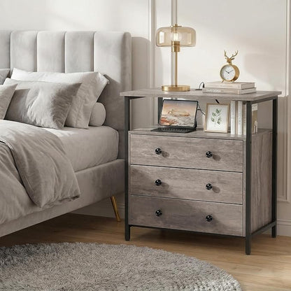 Edbuosy 3 Wooden Drawers Night Stand, 27 Inch Wide Nightstand Set 2 with Charging Station and Adjustable Drawers, Small Dresser for Closet, Bedside Table for Living Room/Bedroom/Office, Rustic Gray