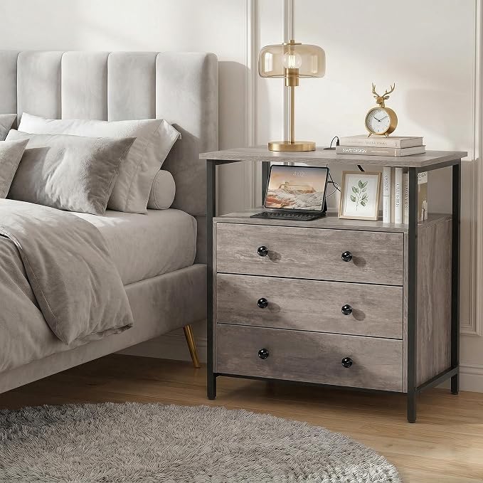 Edbuosy 3 Wooden Drawers Night Stand, 27 Inch Wide Nightstand with Charging Station and Adjustable Drawers, Small Dresser for Closet, Bedside Table for Living Room/Bedroom/Office, Rustic Gray