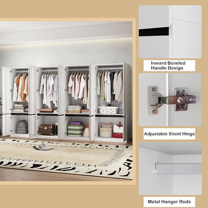 Bedroom Armoire Wardrobe Closet with 8 Doors: 75" White Wardrobe Cabinet for Clothes, Wooden Closet with Hanging Rod, Modern Armoire with Shelves (4)