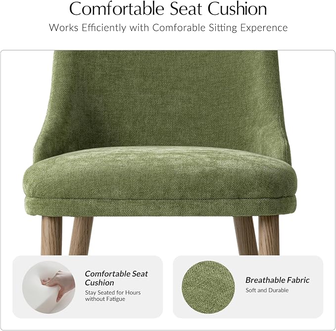 Upholstered Dining Chairs Set of 2, Fabric Dining Room Chairs with Curved Backrest, Solid Wood Legs, Modern Kitchen Chairs for Dining Room Living Room, Moss
