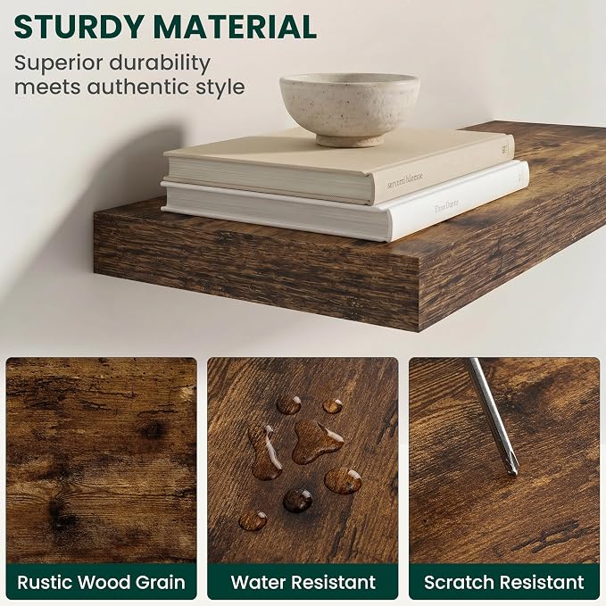 Floating Shelves for Wall 32 in x 9.3 in Deep, Wall Mounted Rustic Wood Shelf with Invisible Brackets for Storage & Display, Living Room Bedroom Bathroom, Brown, 2 Pack