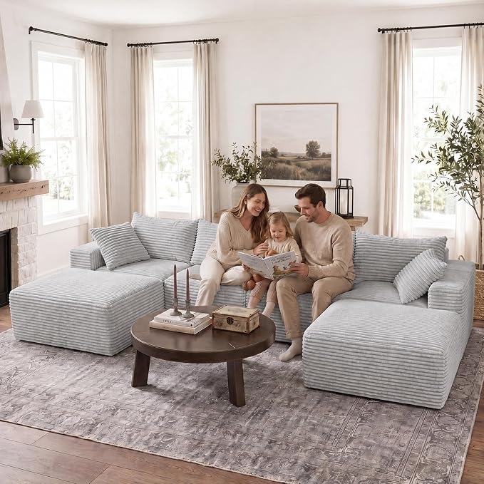 Claiks 120" Boneless Couch, Cloud Couch Sectional, U-Shape Corduroy Modular Sectional Sofa Deep Seat, Upholstered Couches for Living Room, No Assembly Required, Light Grey