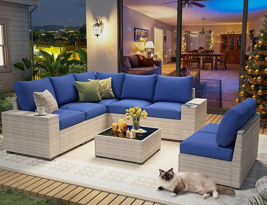 olimix 8 Piece Outdoor Patio Furniture Set, Outdoor Sectional Furniture, Rattan & Wicker Modern Modular Conversation Set Sofa Couch W/Water Resistant Washable Thick Cushions and Coffee Table, Blue