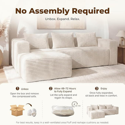 Modular Sectional L-Shaped Sofa with Deep Seat, Modern Boneless Comfy Corduroy Fluffy Couch with Side Pockets and Anti-Slip & Floor-Friendly Bottom for Living Room, No Assembly, White