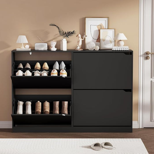 Shoe Storage Cabinet, Wood Shoe Organizer for Entryway with 3 Flip Drawers, Freestanding Shoe Rack with Adjustable Shelf, Narrow Shoe Dresser for Front Door Entrance (Black, 4 Drawers)