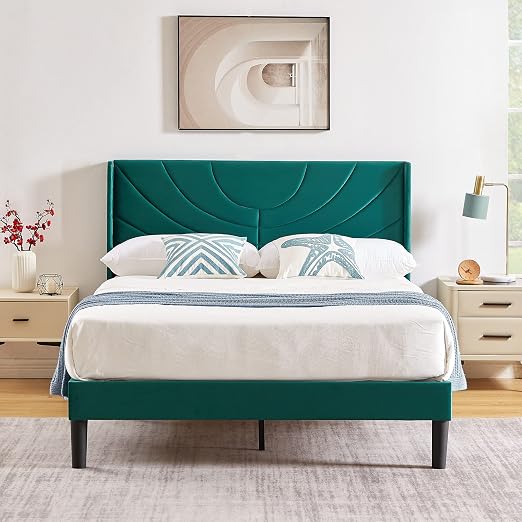 VECELO Full Bed Frame Upholstered Platform with Fabric Headboard,Wooden Slats Support/No Box Spring Needed/Mattress Foundation,Dark Green
