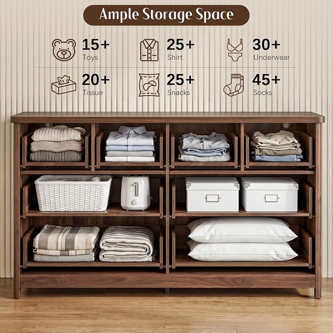 Vabches Kids Dresser Cabinet with 8 Drawers, Changing Table for Nursery with Open Shelves, Multi-Functional Chest of Drawers, Kids Bedroom Furniture, Nightstand for Children's Room, Walnut