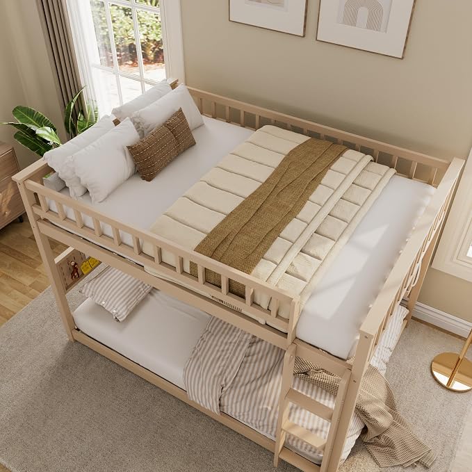 Full Over Full Bunk Bed, Wood Bunk Bed with Integrated Shelving, Color-Changing Lights and Pegboard for Kids Teens Adults, Beige