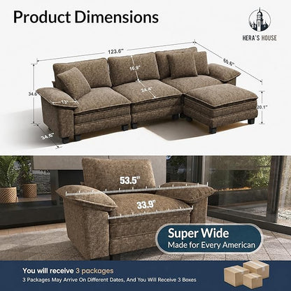 HERA'S HOUSE 124" Modular Sectional Sofa, Oversized L Shaped Couches for Living Room, Comfy Cloud Couch with Ottoman, 4-Seater Deep Seat Sofa with Throw Pillow, Chenille Grayish Brown