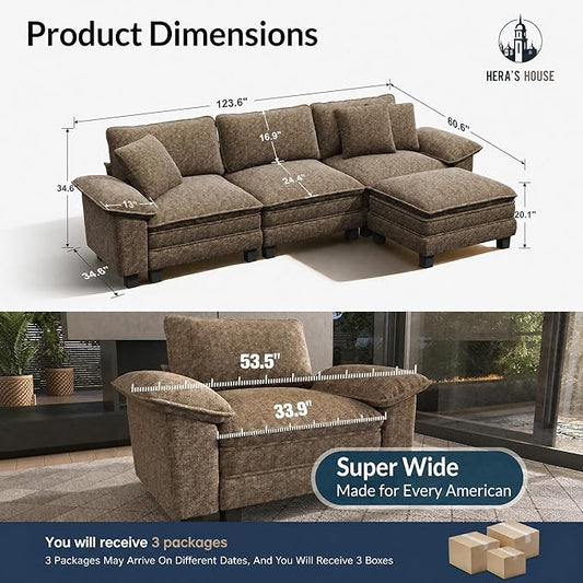 HERA'S HOUSE 124" Modular Sectional Sofa, Oversized L Shaped Couches for Living Room, Comfy Cloud Couch with Ottoman, 4-Seater Deep Seat Sofa with Throw Pillow, Chenille Grayish Brown