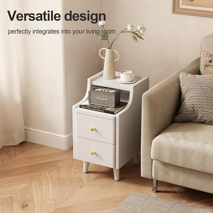 Narrow Nightstand with 2 Drawers,White Nightstand,Bedside Table,Solid Wood Modern Bedside Table for Bedroom,Study,Toilet